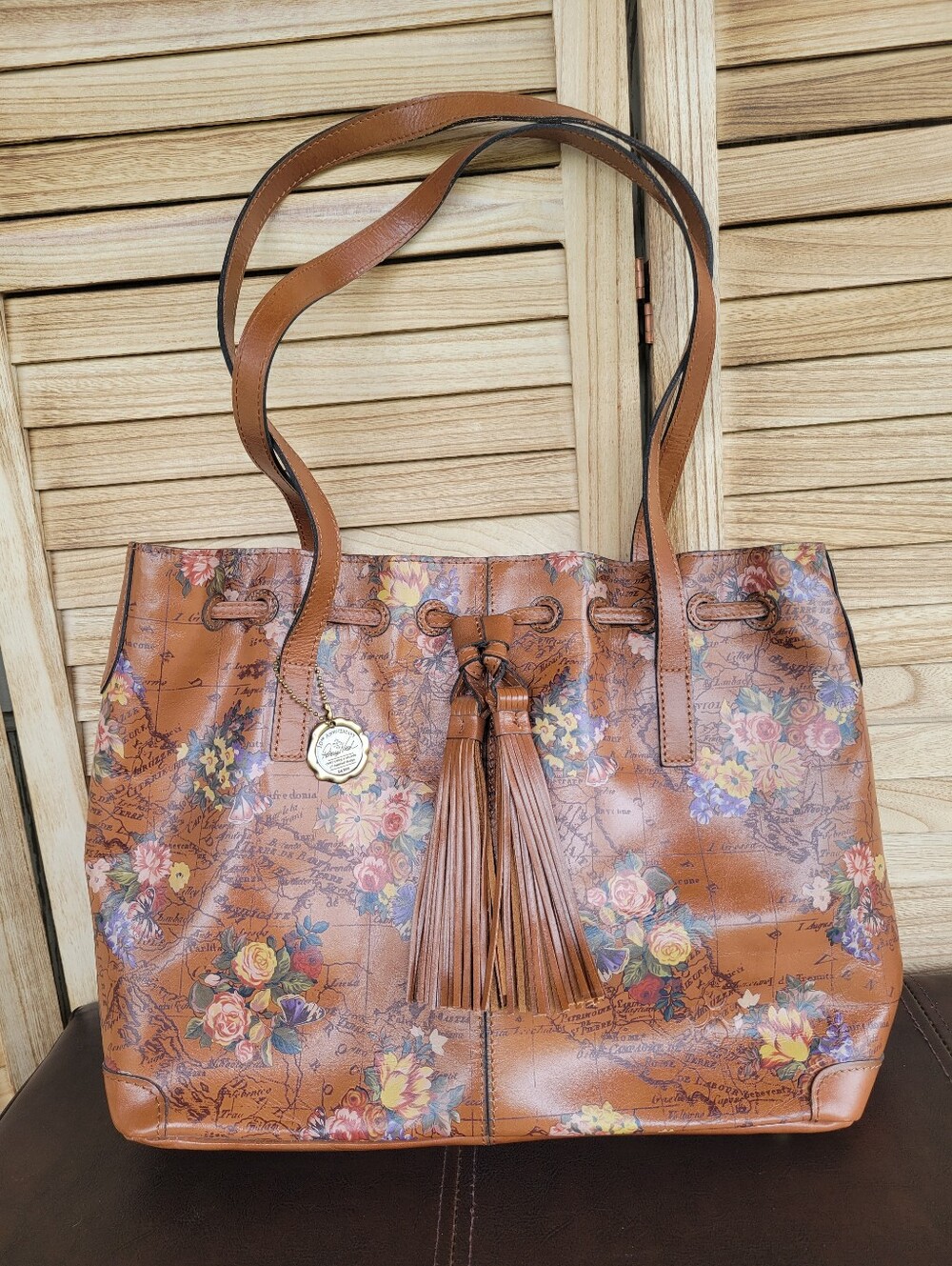 Patricia Nash Leather Drawstring Whitney Tote English Garden Floral World Map